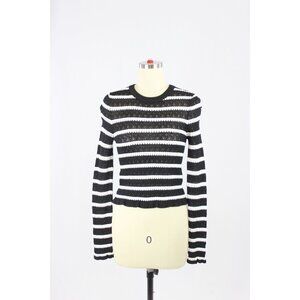 NWOT ZARA Black White Striped Synthetic Pointelle Knit Ruffle Sweater, Size M